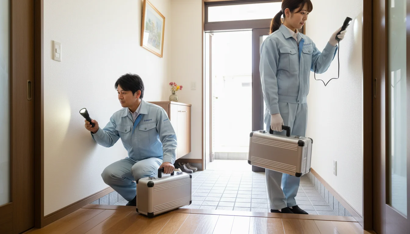 住宅の玄関付近で建物の状態を点検するスタッフ
