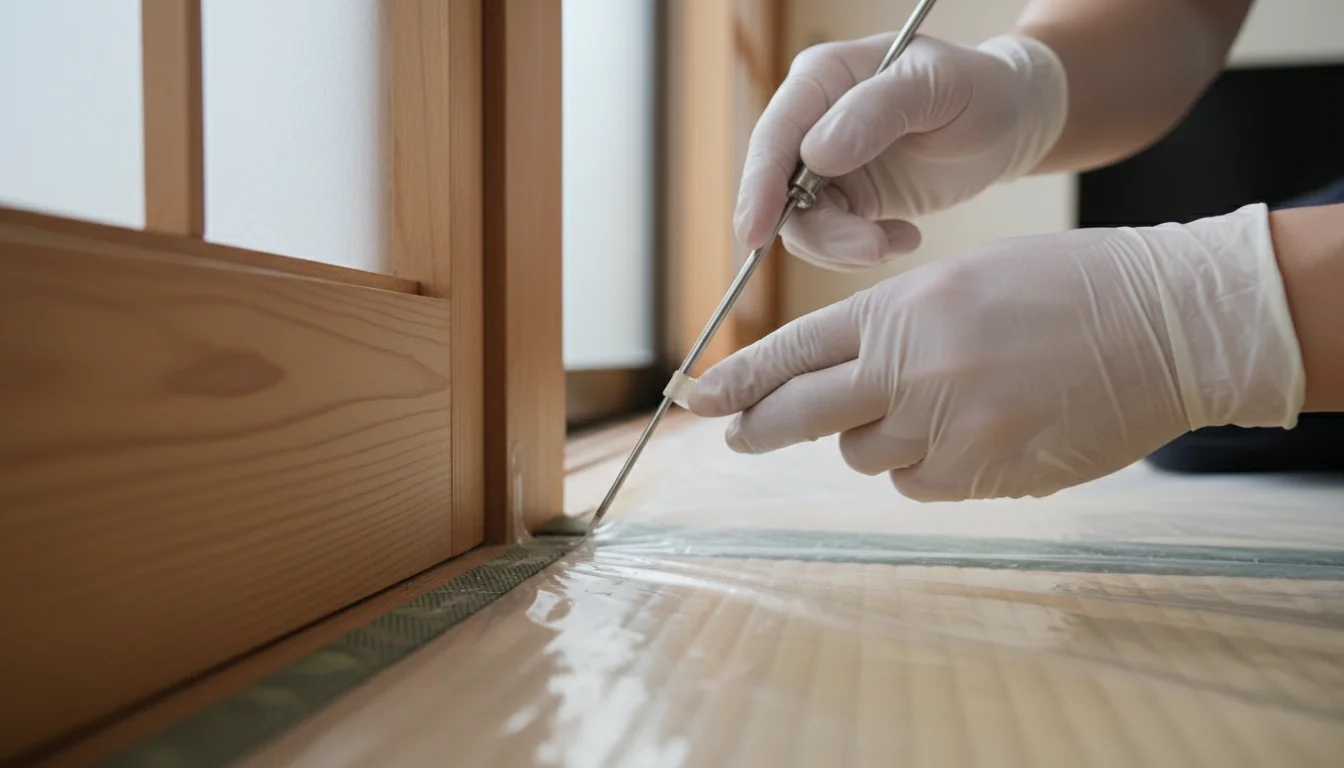 住宅の外壁にある小さな隙間を塞ぐ作業の手元