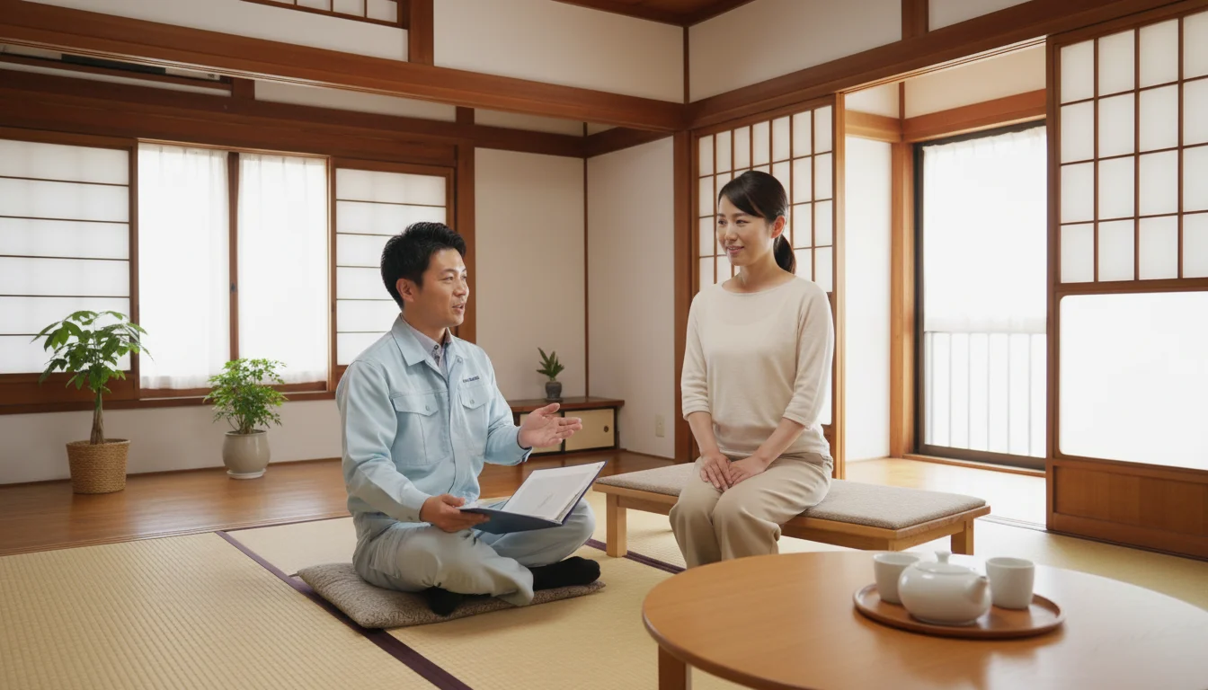 室内で点検内容を説明するスタッフの手元