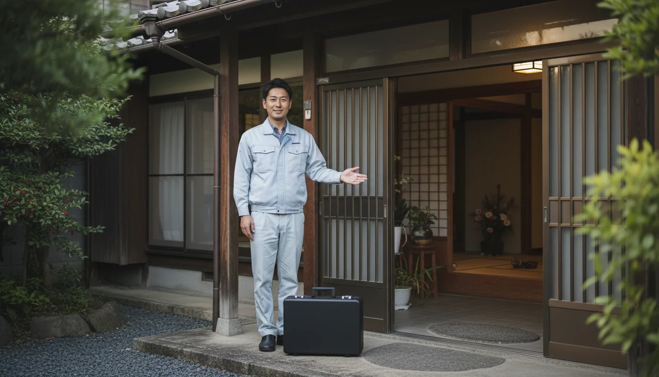 住宅の外まわりを確認し再発防止の点検を行う作業スタッフ
