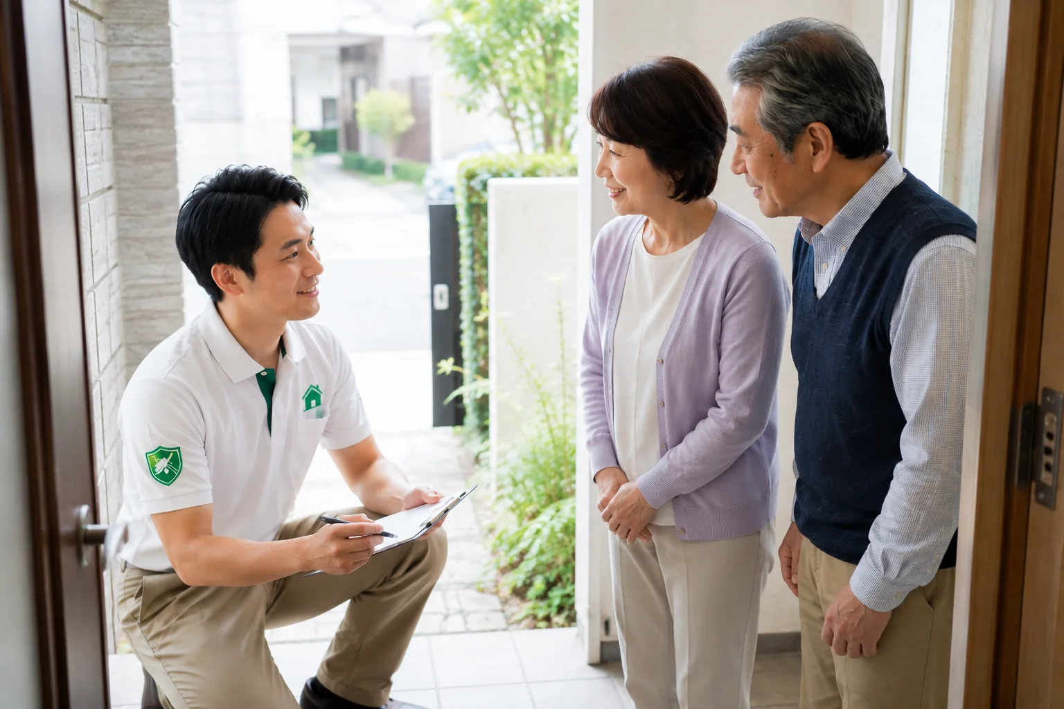 住宅の玄関先で高齢の夫婦に点検内容を説明する訪問スタッフ