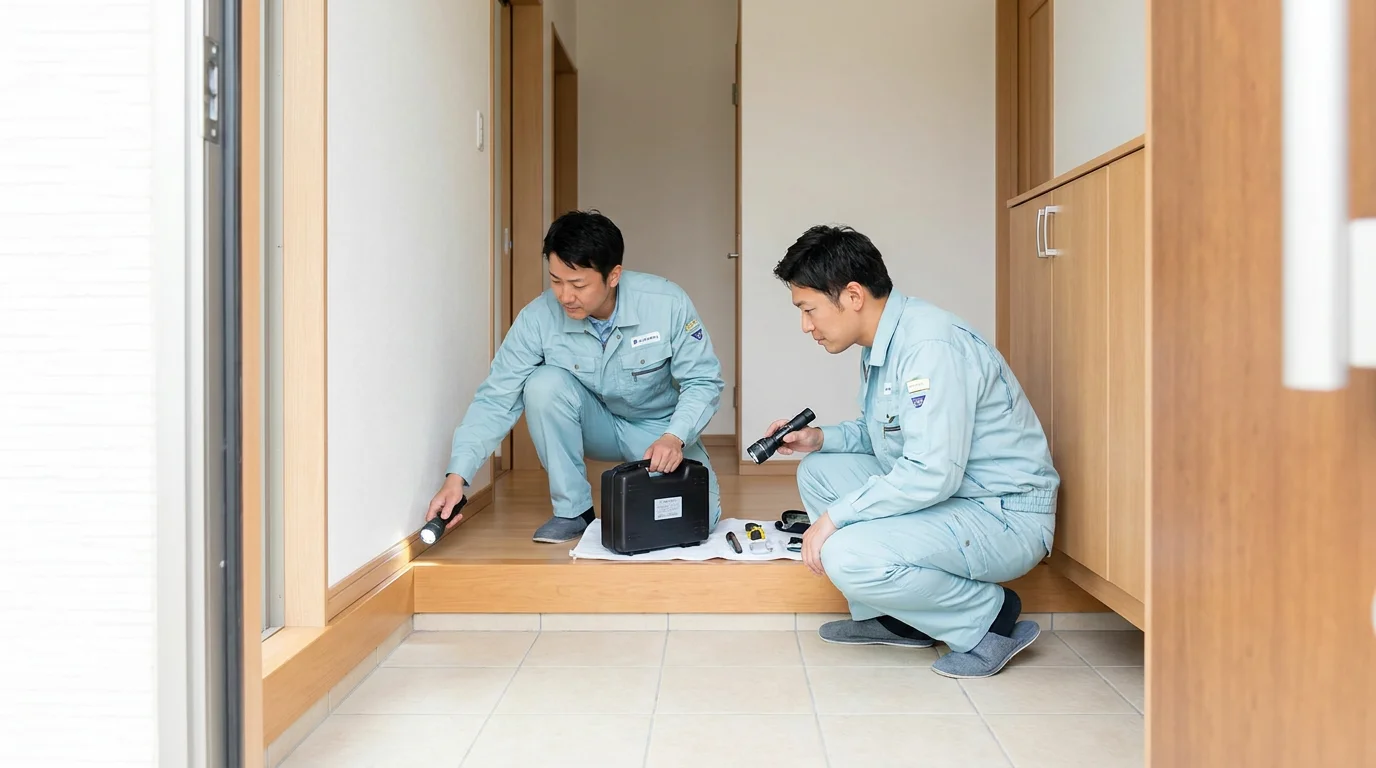 住宅の玄関前で点検用の道具を準備する作業スタッフ