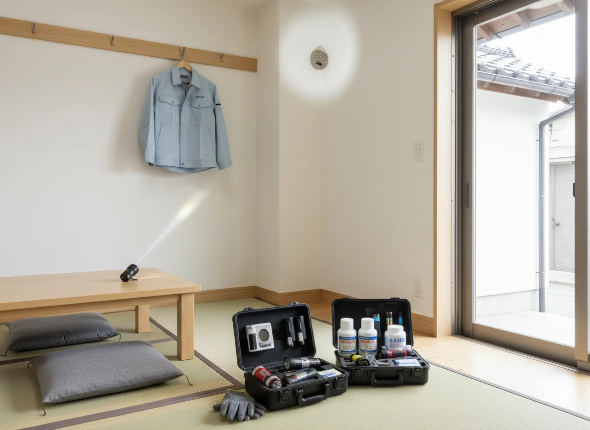 住宅の軒下にできた蜂の巣を点検する作業員