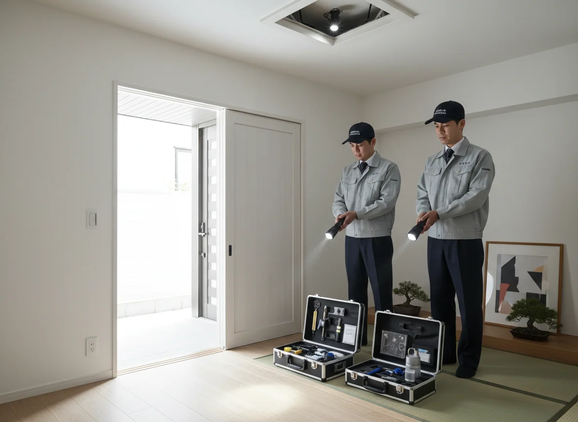 屋根裏の点検口から内部を確認する害獣駆除作業員